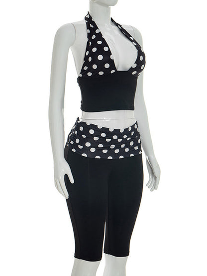 Joskaa Polka Dot Backless Halter Crop Two Piece Set - two piece set image 3