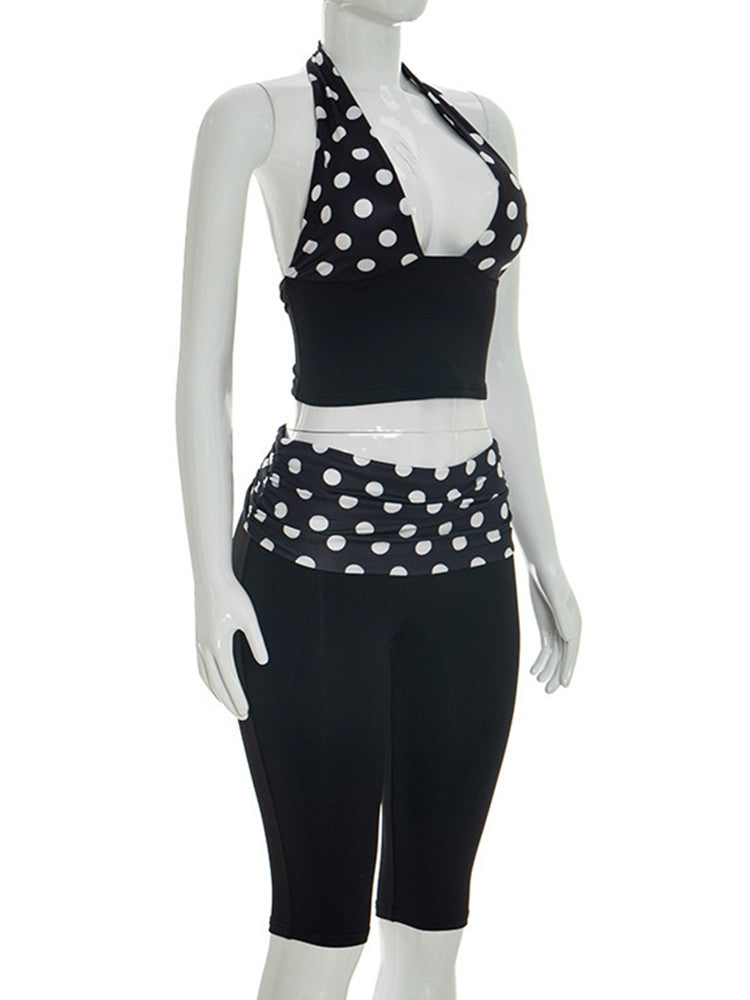 Joskaa Polka Dot Backless Halter Crop Two Piece Set - two piece set image 3