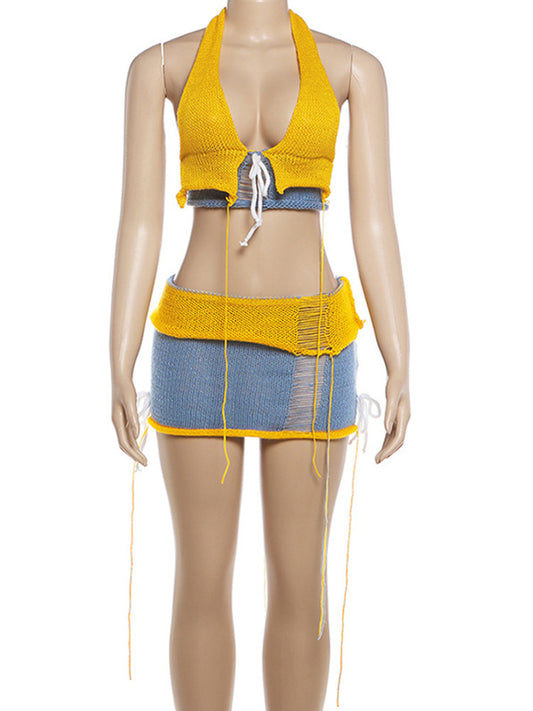 Joskaa Ribbed Knit Backless Halter Mini Two Piece Set - two piece set image 2