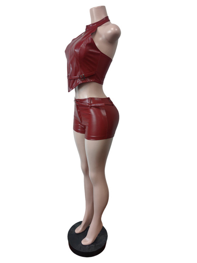 Joskaa Faux Leather Backless Halter Two Piece Set - two piece set image 3
