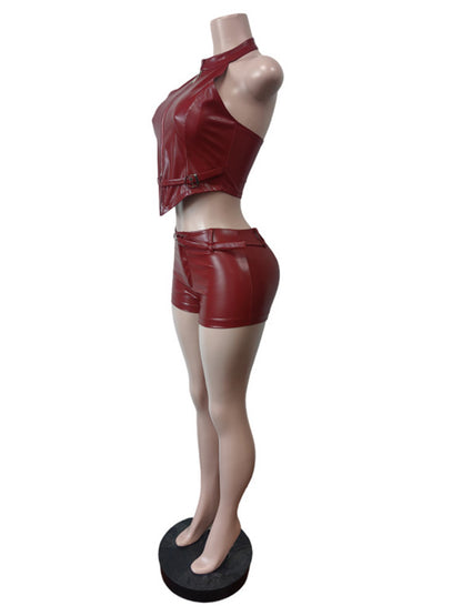 Joskaa Faux Leather Backless Halter Two Piece Set - two piece set image 3