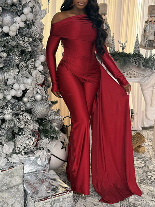 Joskaa Ruched Long Sleeve Bodycon Wide Leg Romper - romper image 1