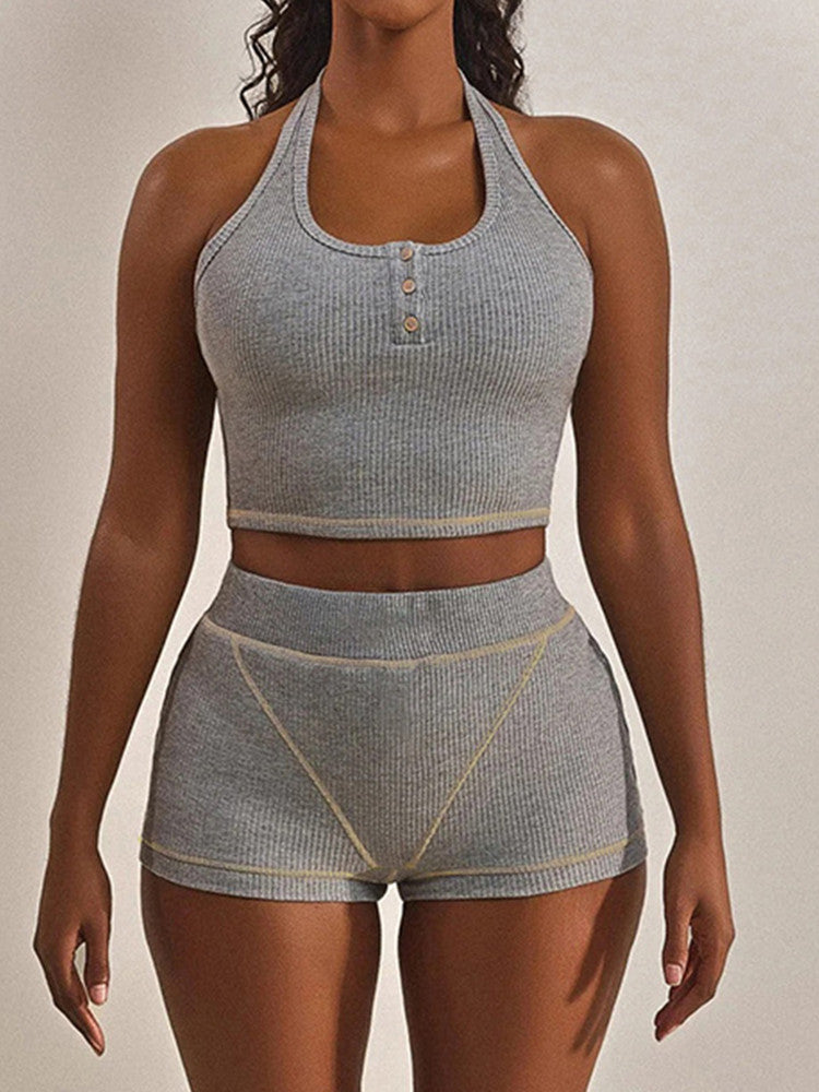 Joskaa Ribbed Knit Backless Crop Two Piece Set - two piece set image 1