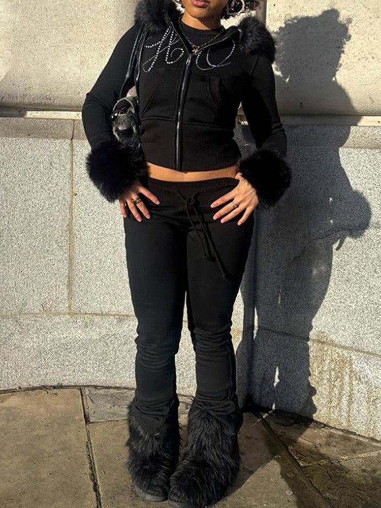 Joskaa Rhinestone Zip Up Hooded Long Sleeve Two Piece Set - two piece set image 1