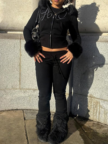 Joskaa Rhinestone Zip Up Hooded Long Sleeve Two Piece Set - two piece set image 1