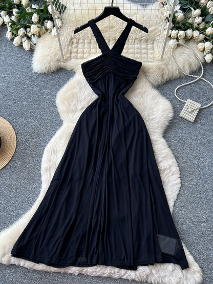 Women's Rhinestone Halter V-Neck Black Maxi Dress - Side View
