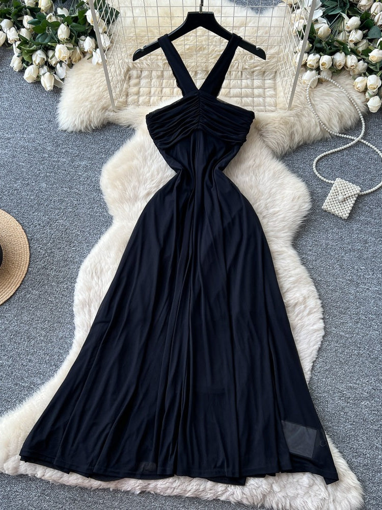 Women's Rhinestone Halter V-Neck Black Maxi Dress - Side View