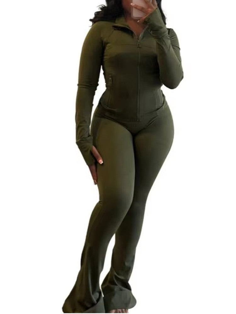 Joskaa Zip Up Long Sleeve Flare Two Piece Set - two piece set image 8