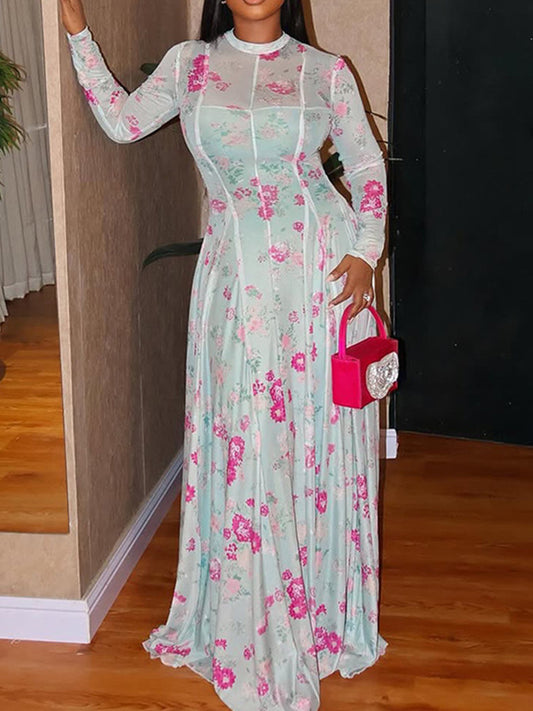 Joskaa Floral Print Mesh Long Sleeve Bodycon Maxi Dress - maxi dress image 1