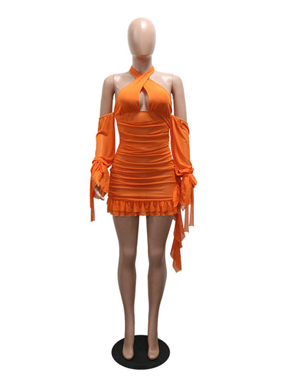 Joskaa Mesh Backless Halter Long Sleeve Mini Dress - mini dress image 4