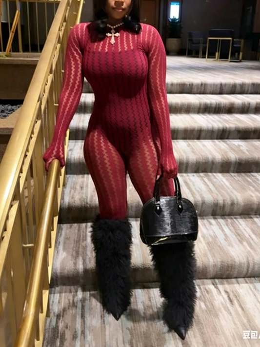 Joskaa Stripe Ribbed Knit Long Sleeve Bodycon Jumpsuit - jumpsuit image 1