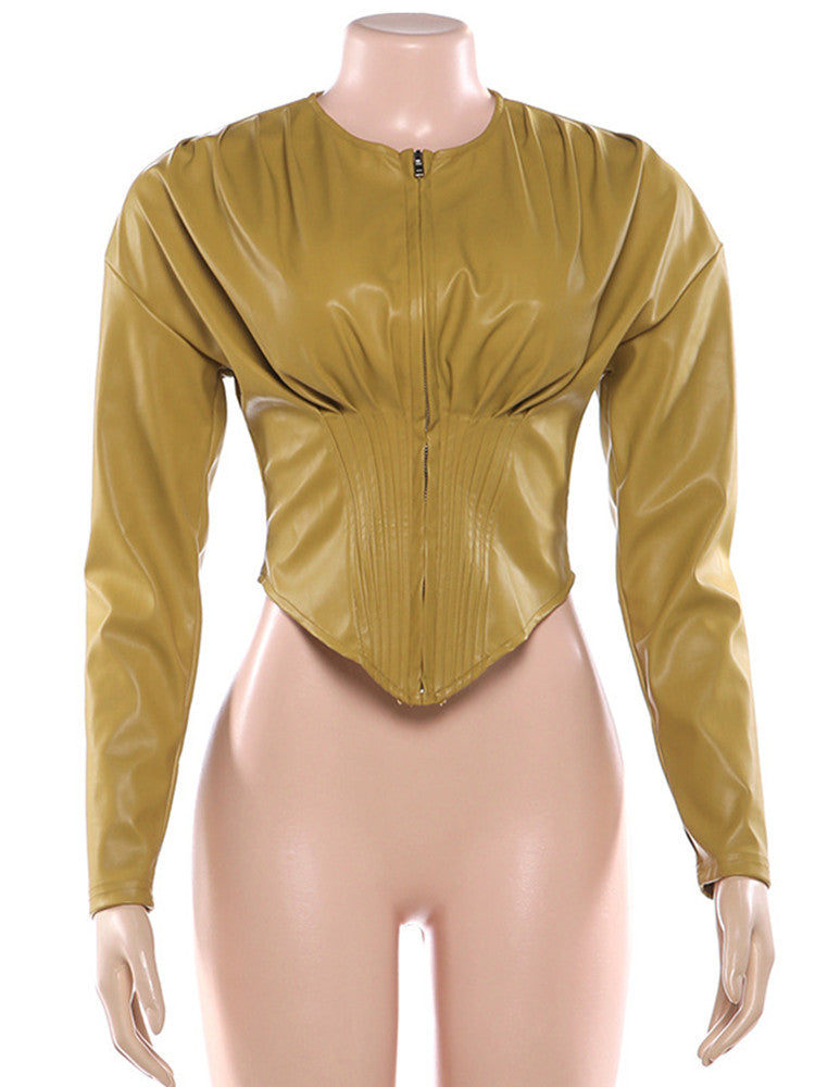 Joskaa Faux Leather Ruched Zip Up Long Sleeve Jacket - jacket image 2