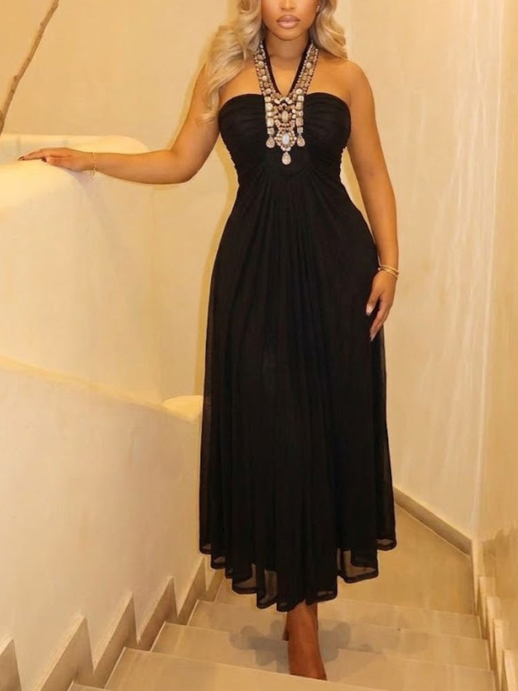 Women's Rhinestone Halter V-Neck Black Maxi Dress - Women's Fashion Wholesale - Front View