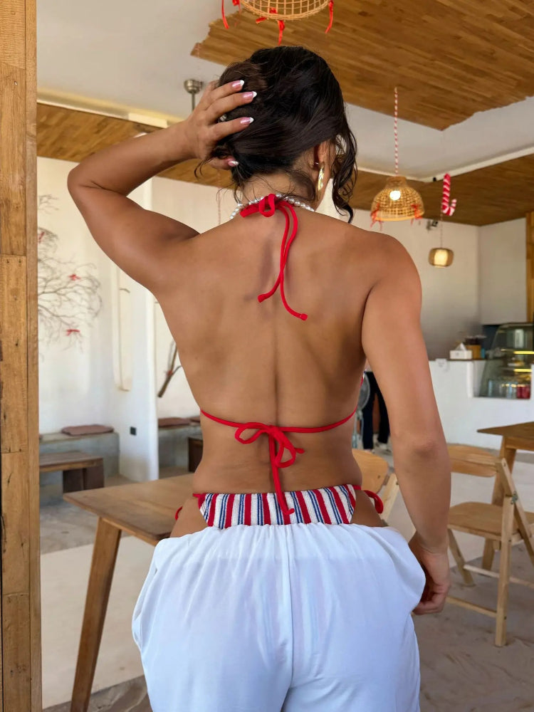 Joskaa Stripe Ribbed Knit Backless Swimwear - swimwear image 2