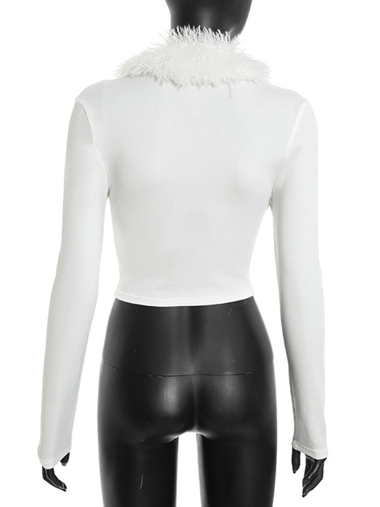 Joskaa Long Sleeve Crop Top Furry Patchwork Tops - top image 4