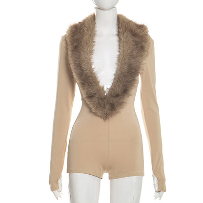 Joskaa Long Sleeve Romper Chic Fur Collar - romper image 5
