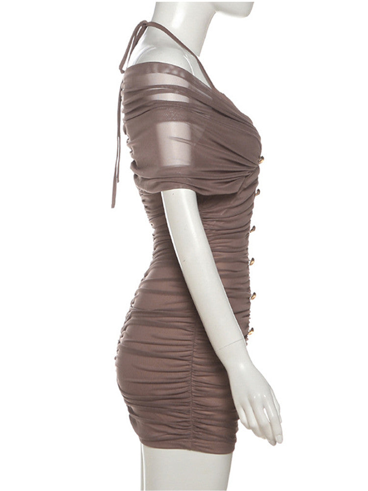 Joskaa Mesh Ruched Halter Short Sleeve Mini Dress - mini dress image 3