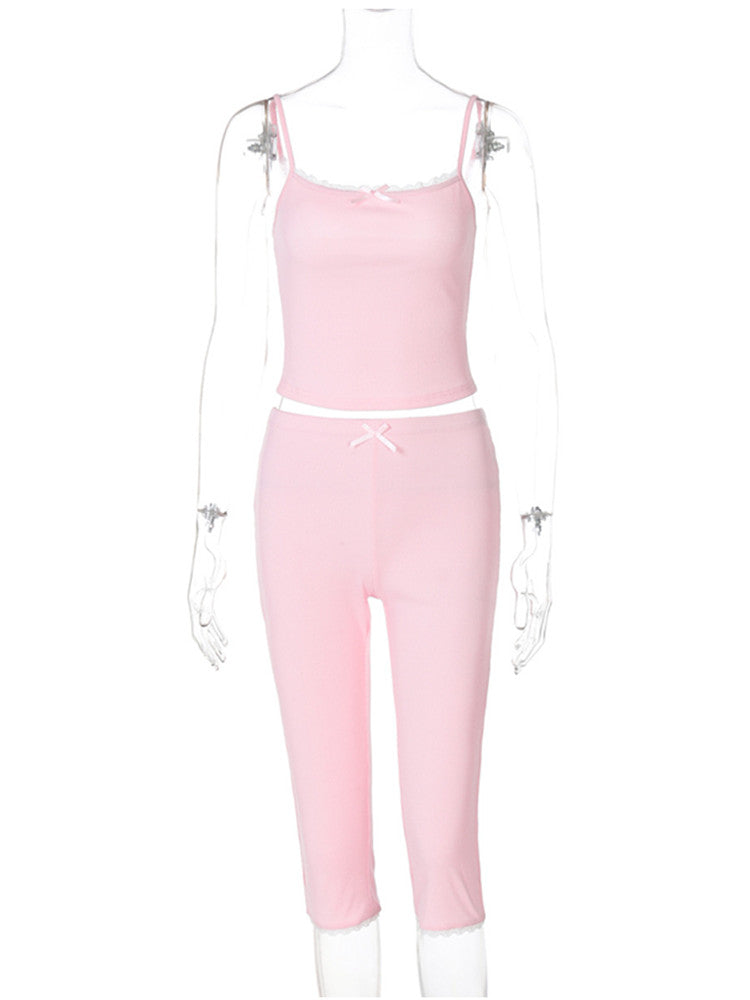Joskaa Lace Crop Two Piece Set Patchwork Homewear Bow - two piece set image 3