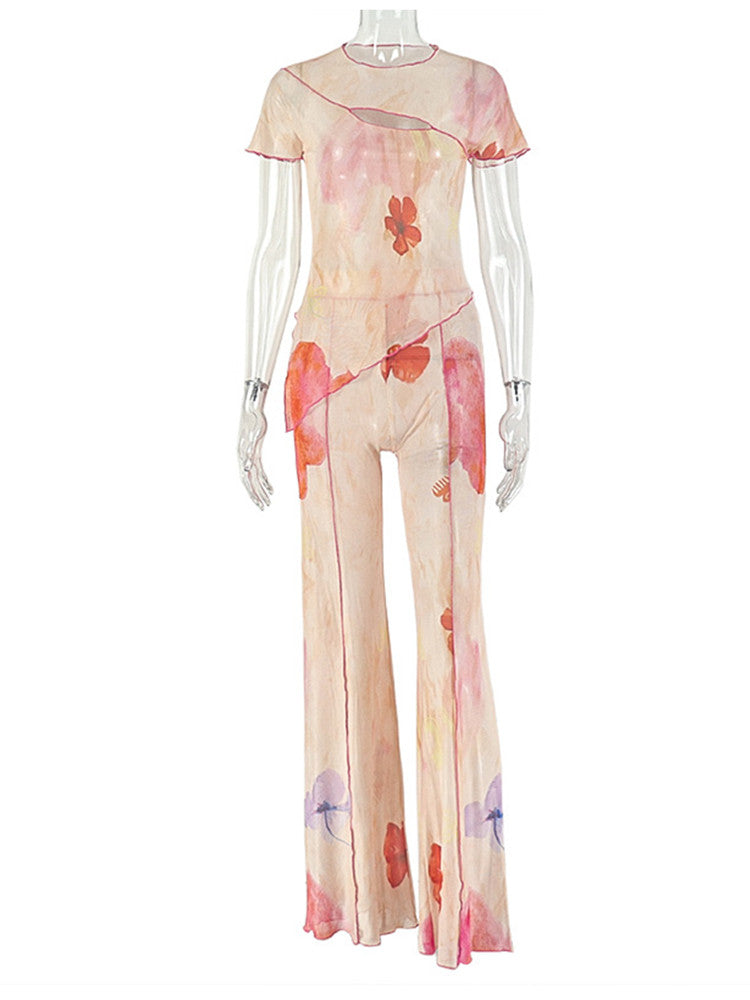 Joskaa Floral Print Short Sleeve Flare Two Piece Set - two piece set image 2