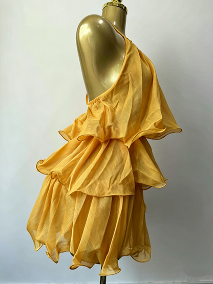 Joskaa Backless Halter Mini Dress Yellow Holiday Ruffles - mini dress image 3