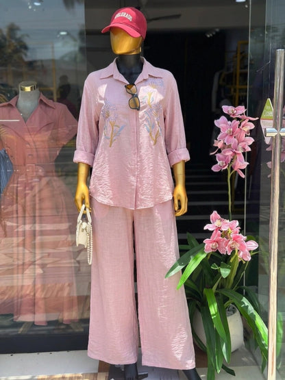 Women's Embroidered Shirt and Wide Leg Pants Set - Side View
