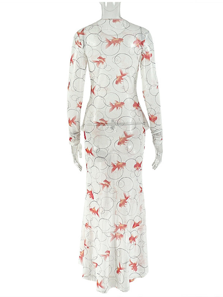 Joskaa Mesh Long Sleeve Dress Goldfish Print Beach - dress image 4