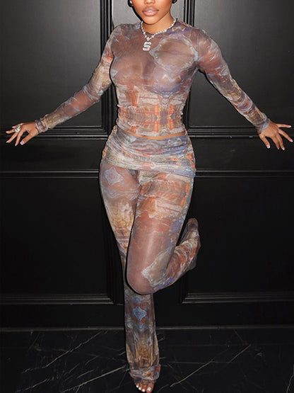 Joskaa Mesh Long Sleeve Flare Two Piece Set - two piece set image 1
