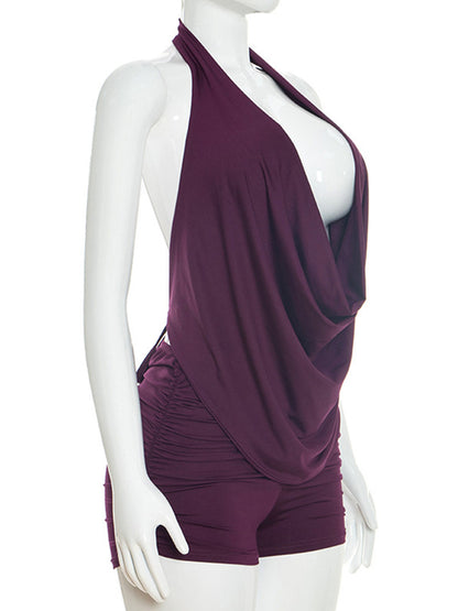 Joskaa Ruched Backless Halter Crop Two Piece Set - two piece set image 3