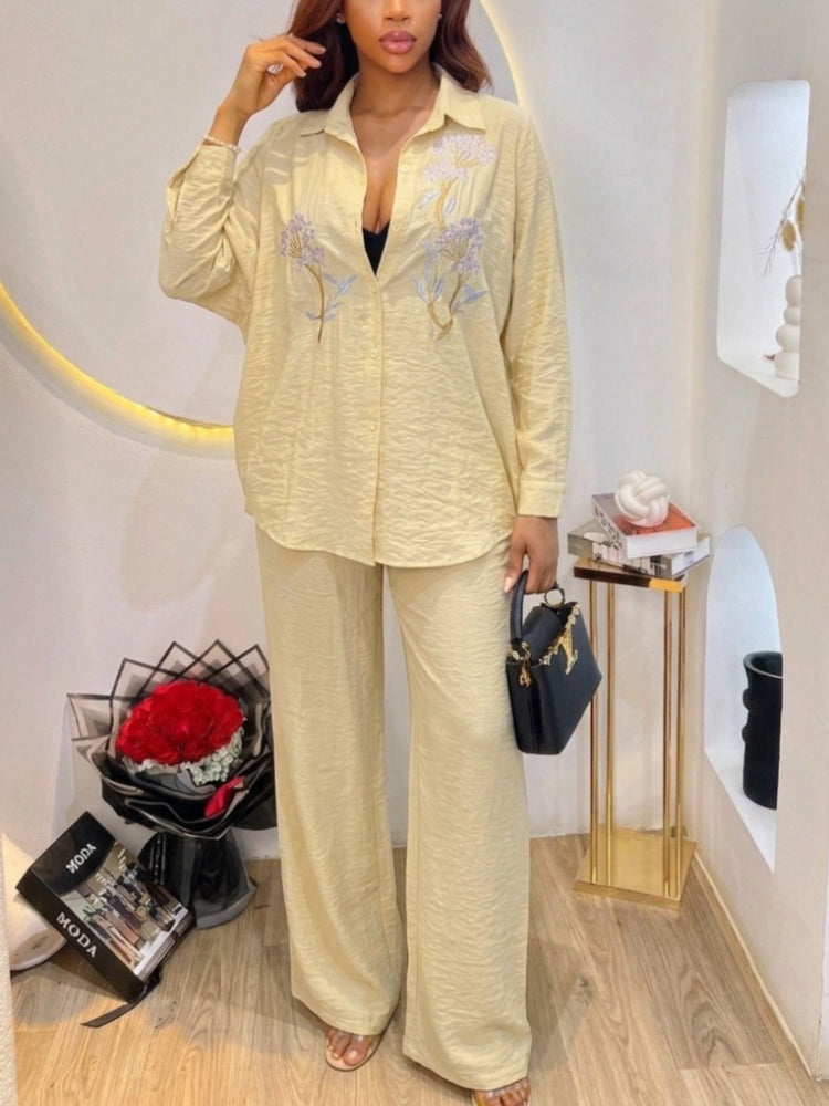 Women's Embroidered Shirt and Wide Leg Pants Set - Front View