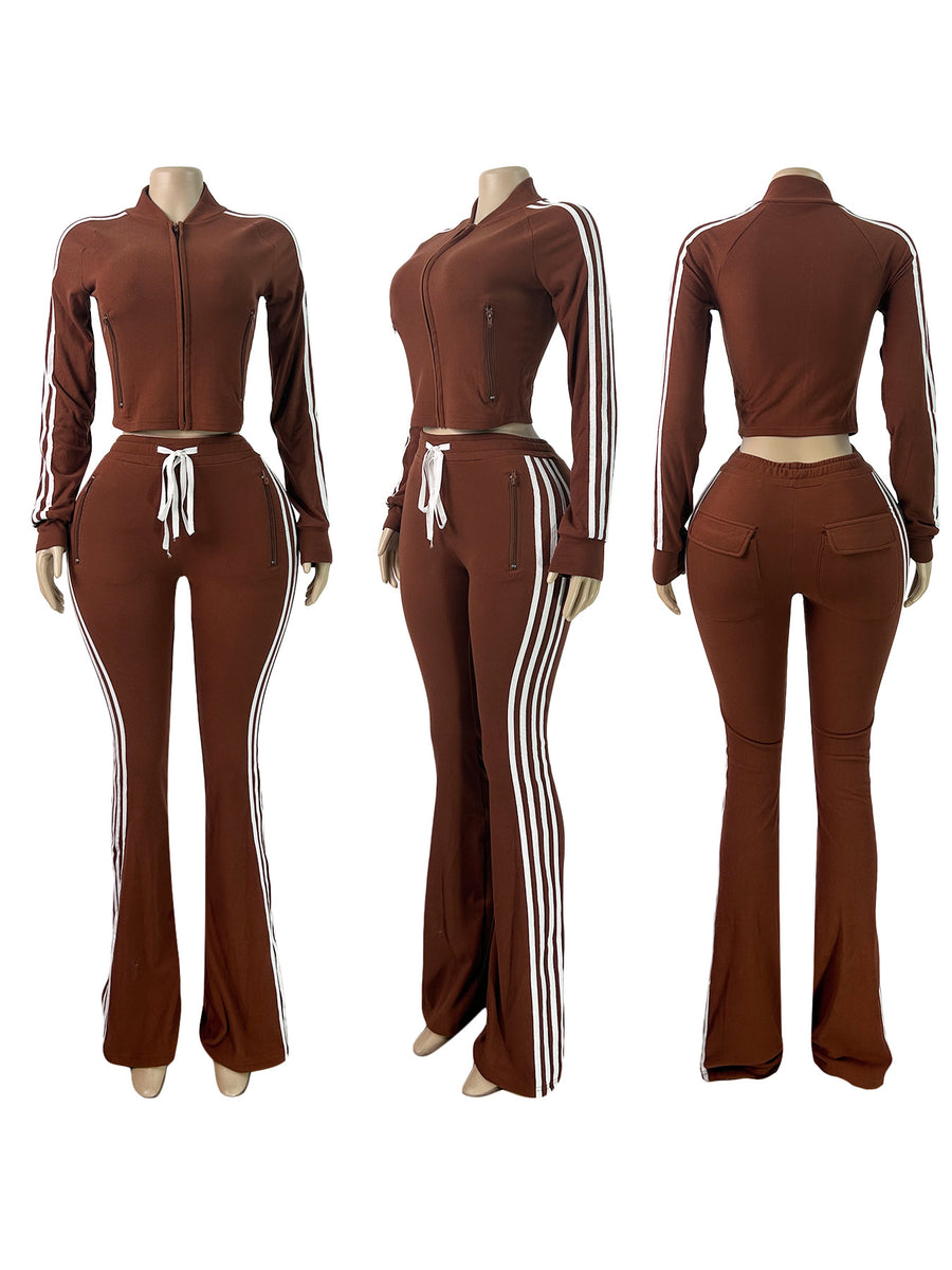 Joskaa Stripe Velvet Zip Up Long Sleeve Two Piece Set - two piece set image 8
