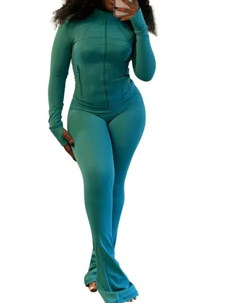 Joskaa Zip Up Long Sleeve Flare Two Piece Set - two piece set image 13