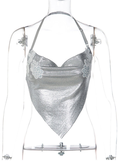 Joskaa Backless Halter Crop Top Camisole Shinny Silver - top image 2