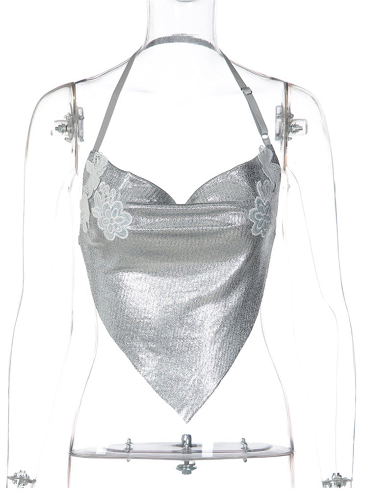 Joskaa Backless Halter Crop Top Camisole Shinny Silver - top image 2