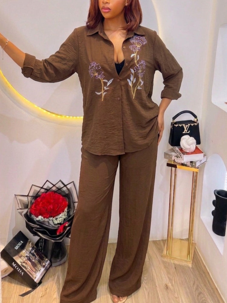 Women's Embroidered Shirt and Wide Leg Pants Set - Women's Fashion Wholesale - Front View
