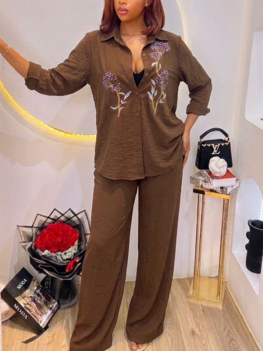 Women's Embroidered Shirt and Wide Leg Pants Set - Women's Fashion Wholesale - Front View