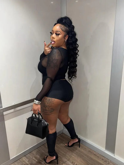 Wholesale Women's Mesh Long Sleeve Two Piece Set Black – Front View