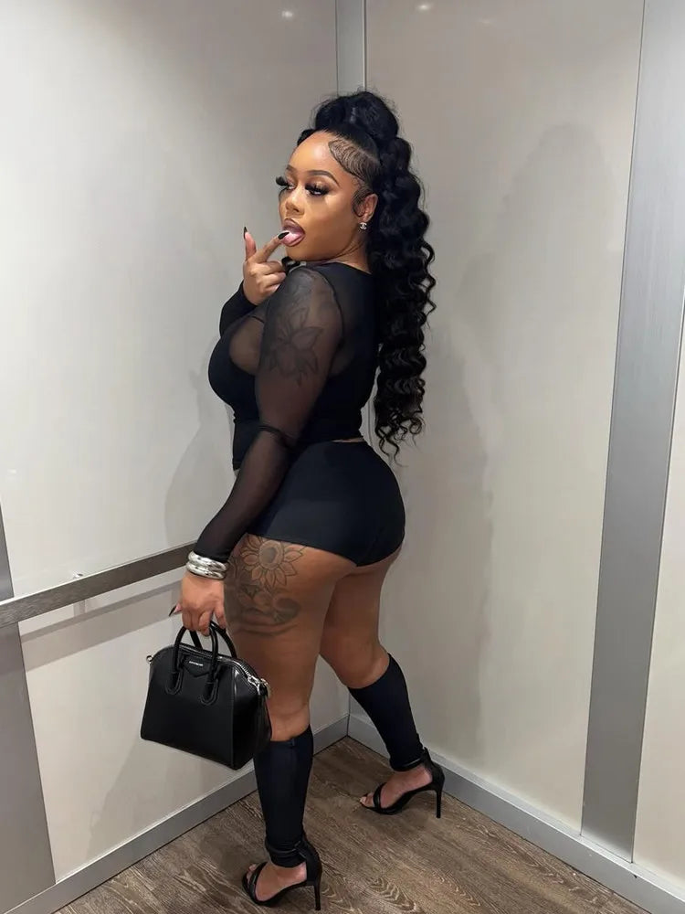 Wholesale Women's Mesh Long Sleeve Two Piece Set Black – Front View