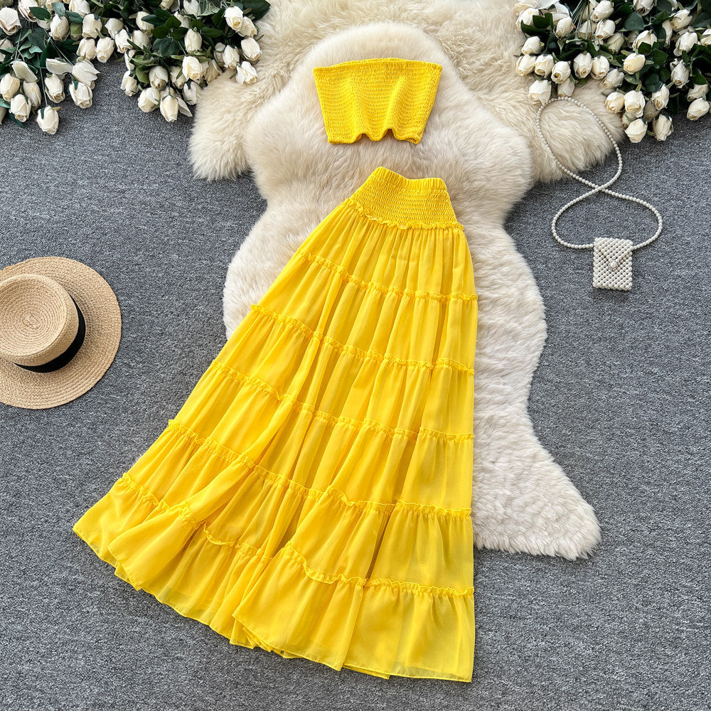 Women's Yellow Pleated Layered Two Piece Skirt Set - Model Wearing Style