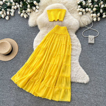 Women's Yellow Pleated Layered Two Piece Skirt Set - Model Wearing Style