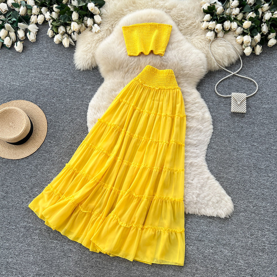 Women's Yellow Pleated Layered Two Piece Skirt Set - Model Wearing Style