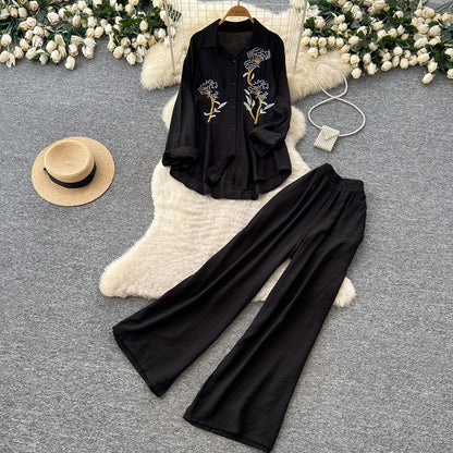 Women's Embroidered Shirt and Wide Leg Pants Set - Additional View 7