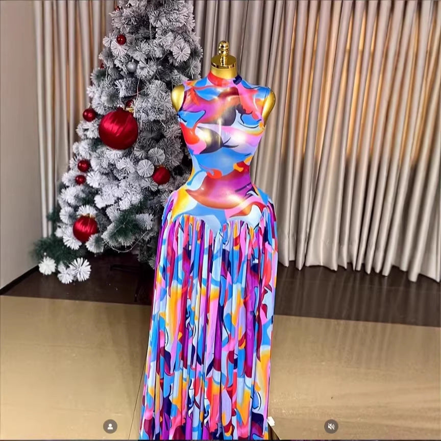 现货2026跨境INS欧美女气质优雅印花修身无袖宴会礼服百褶连衣裙