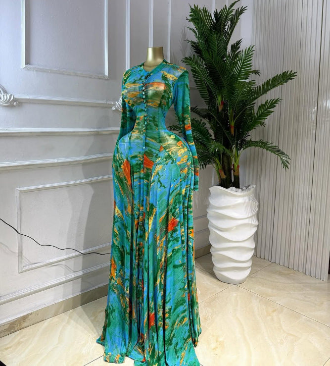 现货2026跨境INS欧美女装长袖网纱性感扎染印花长裙礼服连衣裙