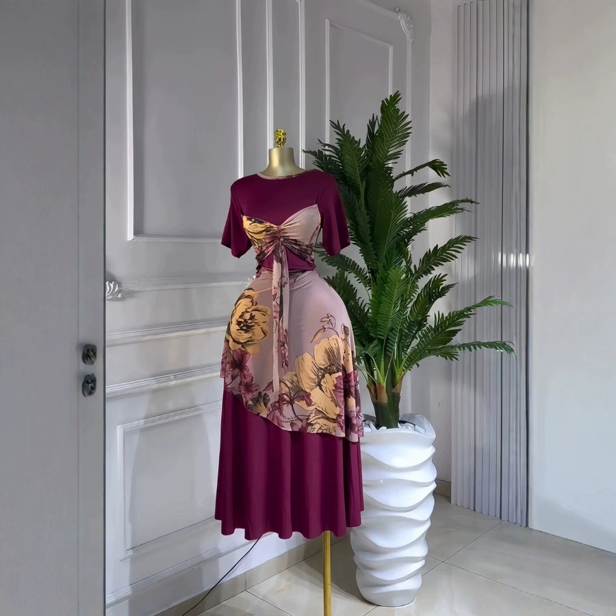 现货2026跨境欧美女装短袖圆领长裙印花拼接甜美礼服连衣裙