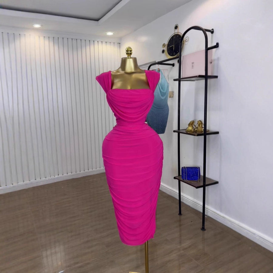 现货跨境欧美女装无袖吊带褶皱上衣半身裙玫红气质显瘦聚会2件套
