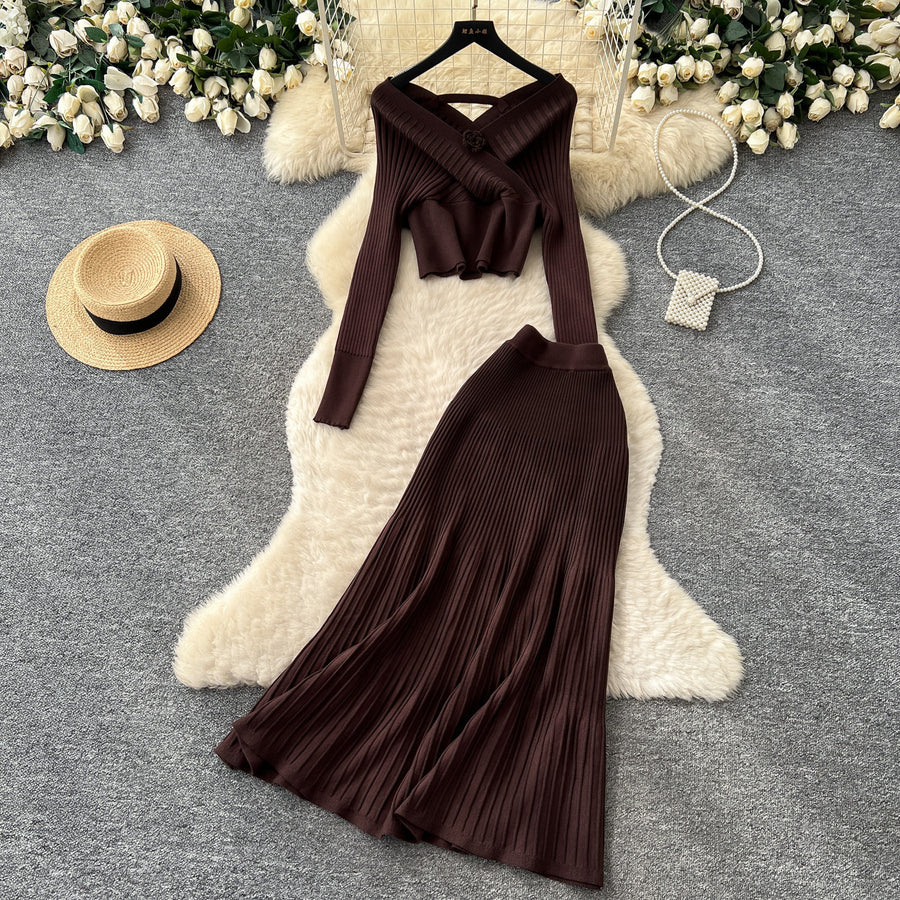 Wholesale Women's V-neck Long Sleeve Slim Fit Mini Skirt Coffee - Women's Wholesale Fashion - Model View