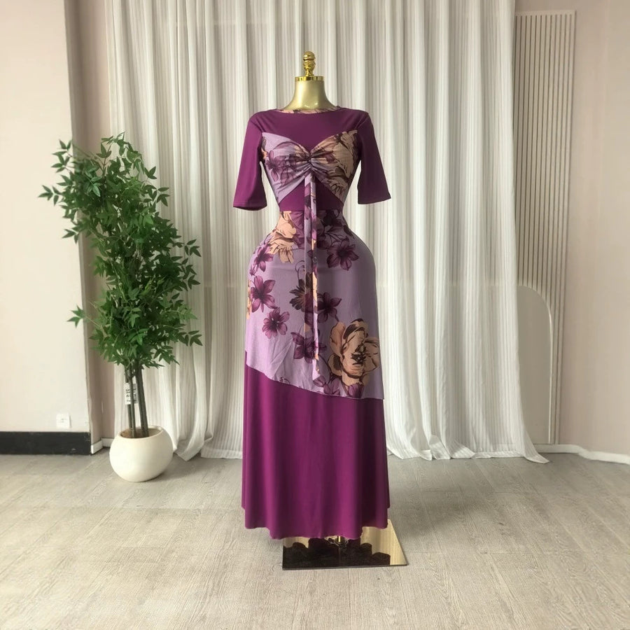 现货2026跨境欧美女装短袖圆领长裙印花拼接甜美礼服连衣裙