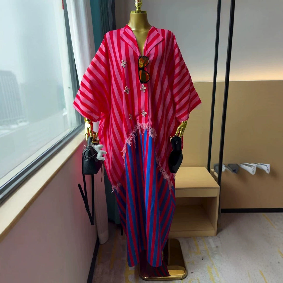 欧美跨境女装2026夏季新款非洲大码时尚条纹宽松短袖衬衫连衣裙