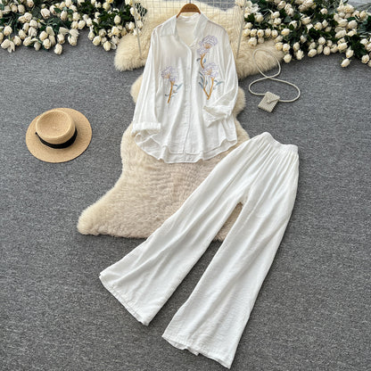 Women's Embroidered Shirt and Wide Leg Pants Set - Additional View 8