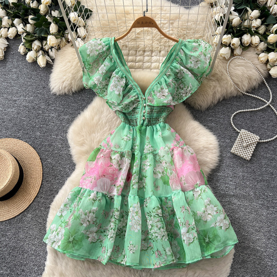 Women's Floral Ruffle V-Neck Cutout A-Line Dress - Additional View 8